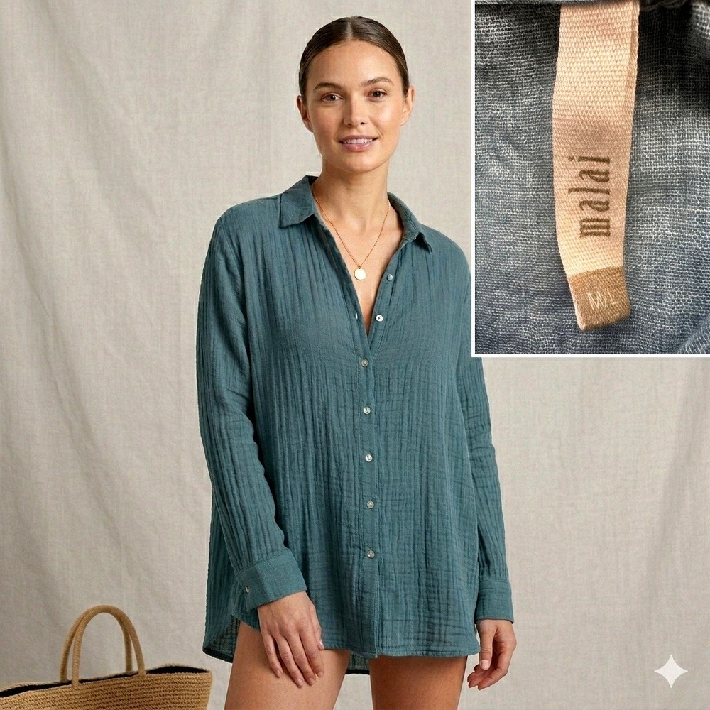 Malai Button Down Shirt Women M/L Teal Blue Cotton Gauze Oversized Cover Up